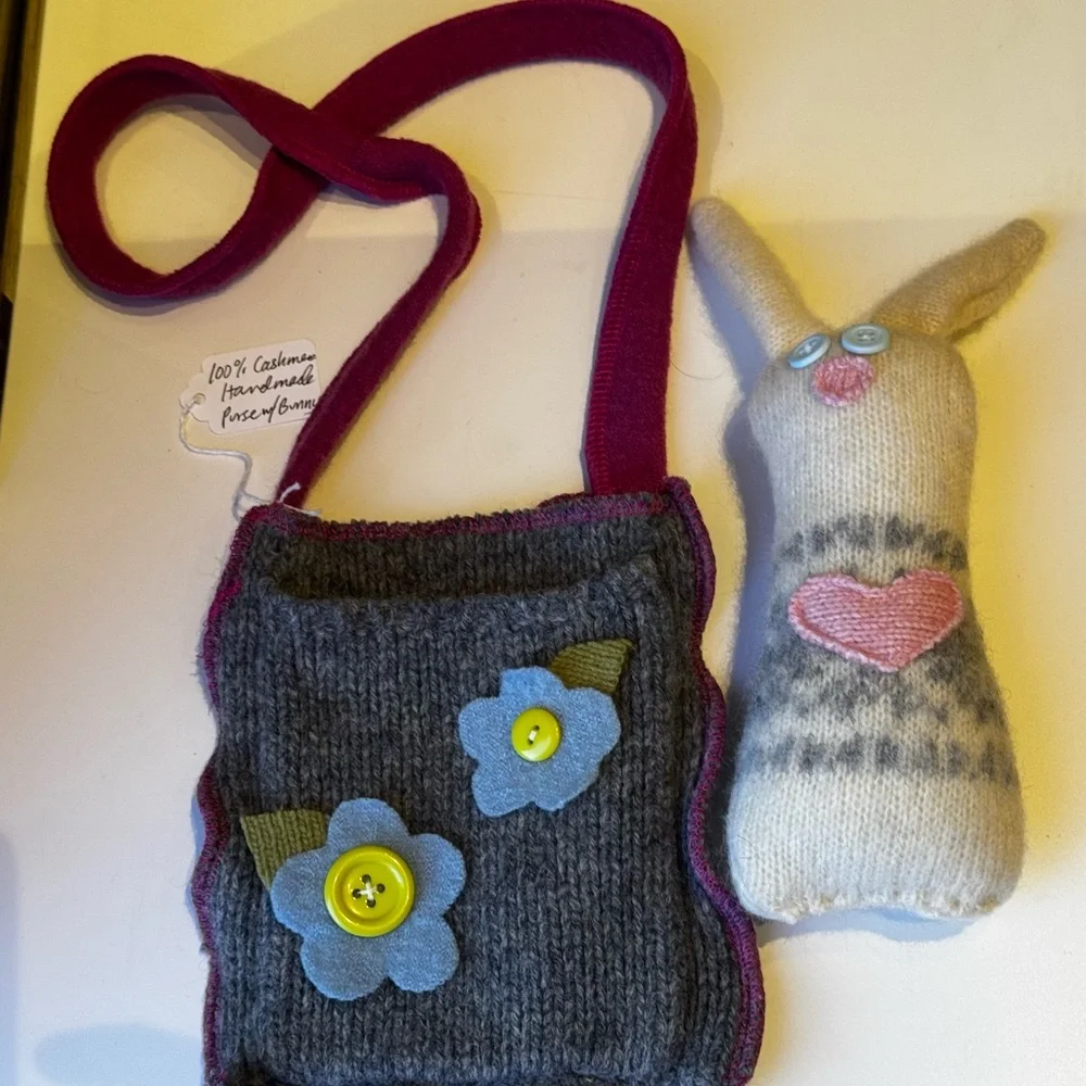 OOAK 100% Cashmere Handmade Gray and Pink Wool Bag and Bunny